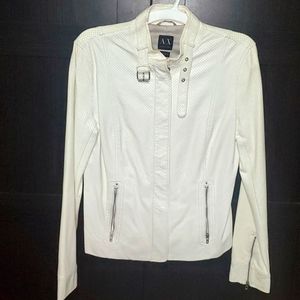 White Armani exchange leather bomber jacket